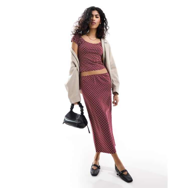 ASOS DESIGN column midi skirt in burgundy polka dot print part of a set