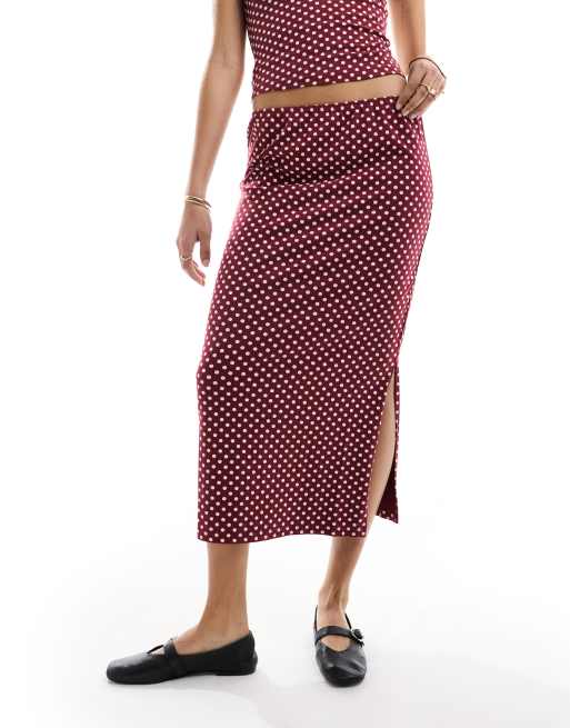 ASOS DESIGN column midi skirt in burgundy polka dot print part of a set