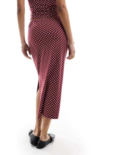 ASOS DESIGN column midi skirt in burgundy polka dot print part of a set