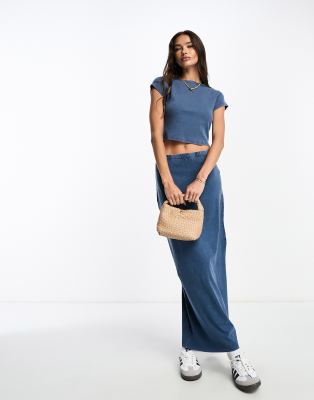 Asos Design Column Midi Skirt In Washed Denim Blue