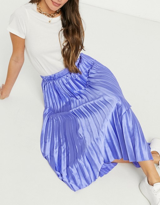 ASOS DESIGN column pleated satin midi skirt in blue