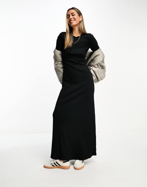 ASOS DESIGN column ribbed maxi dress with crew neck in black | ASOS