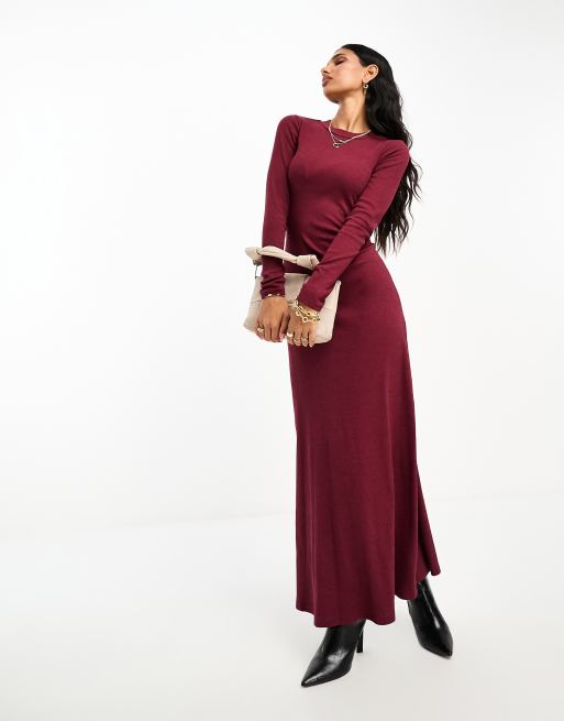 ASOS DESIGN column ribbed maxi dress with crew neck in burgundy