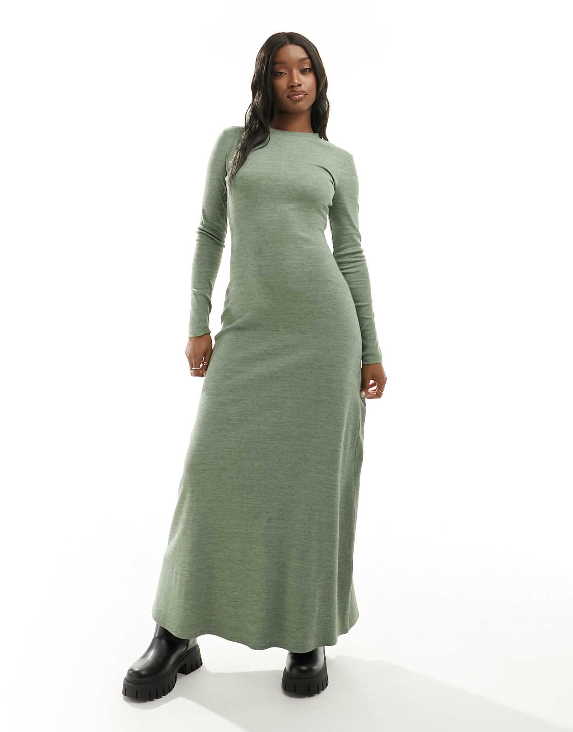 asos design column ribbed maxi dress with crew neck in green