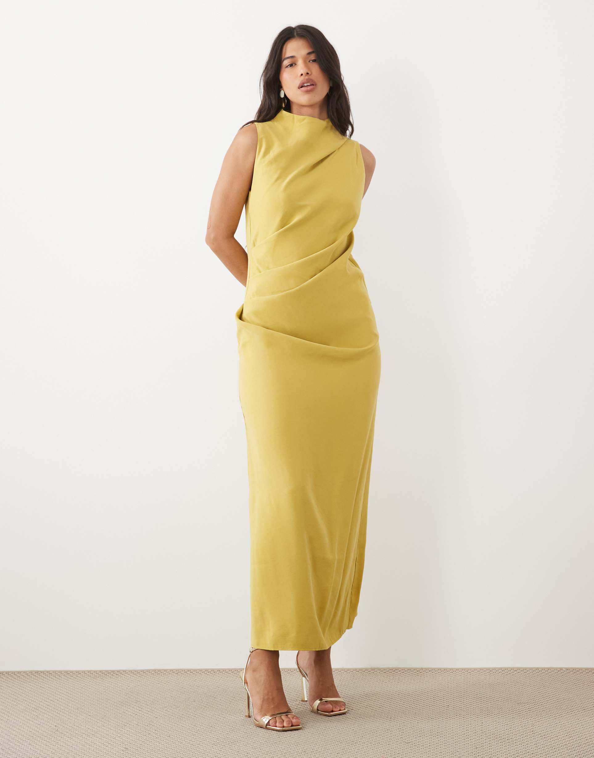 asos design column slouchy hip maxi dress in golden olive