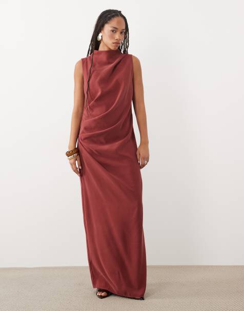 ASOS DESIGN column slouchy hip maxi dress russet brown - view 1