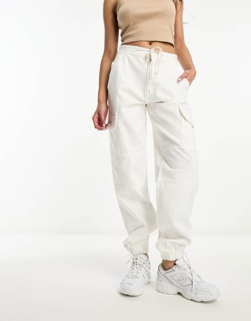 White Cargo Pants Stretch Waist High Rise Combat Trousers Short Leg