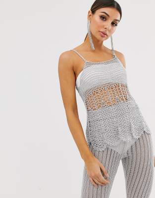 ASOS DESIGN - Häkel-Camisole mit Metallic-Design, Kombiteil - Silber