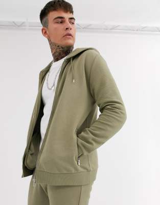 ASOS DESIGN  Kakifärgad huvtröja med dragkedja och bikerpaneler, set-Grön Grön