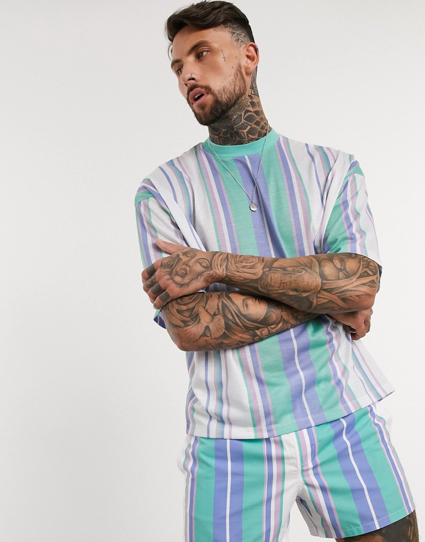 ASOS DESIGN - Combi-set - Oversized T-shirt met pastelkleurige strepen-Multi