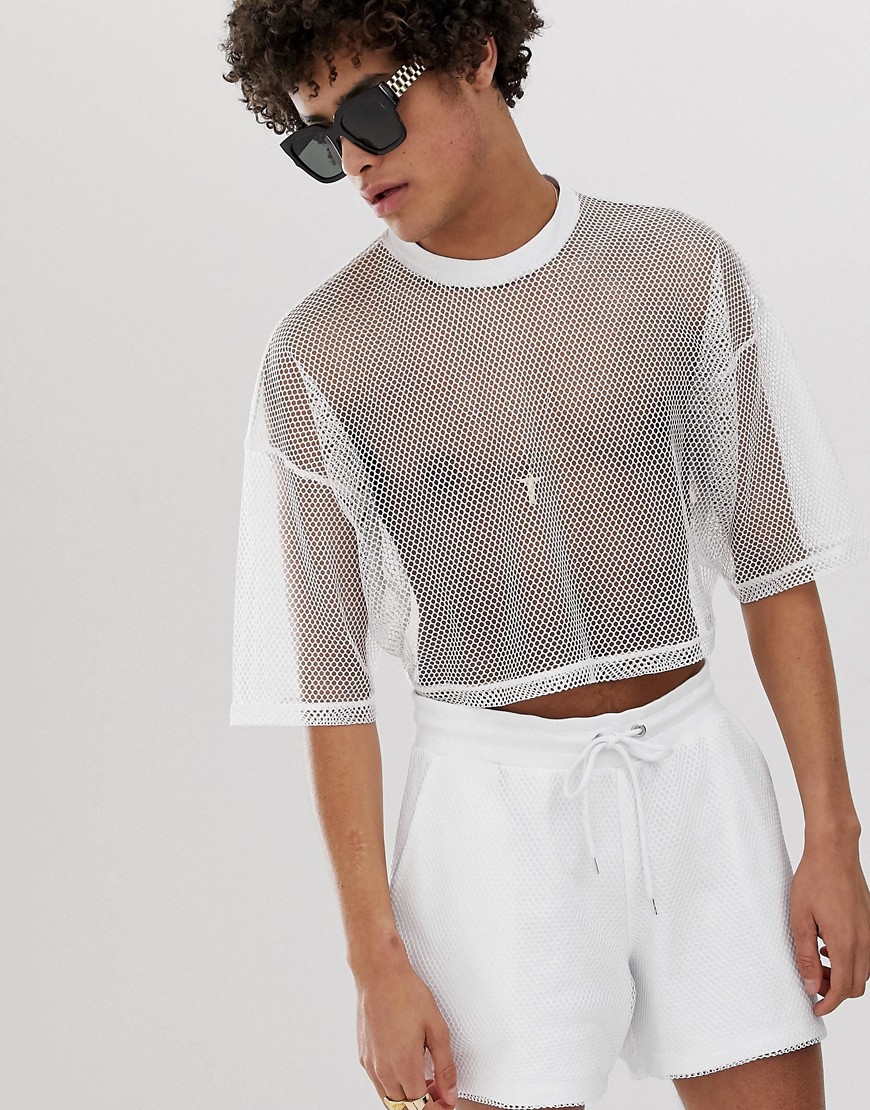 ASOS DESIGN - Combi-set van oversized cropped festival T-shirt met halflange mouwen van mesh in wit