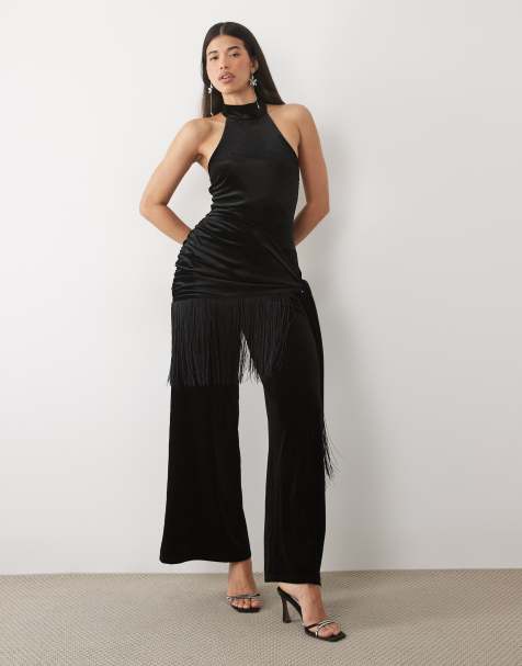 ASOS DESIGN combinaison à col halter en velours avec détail portefeuille à franges en noir - view 1