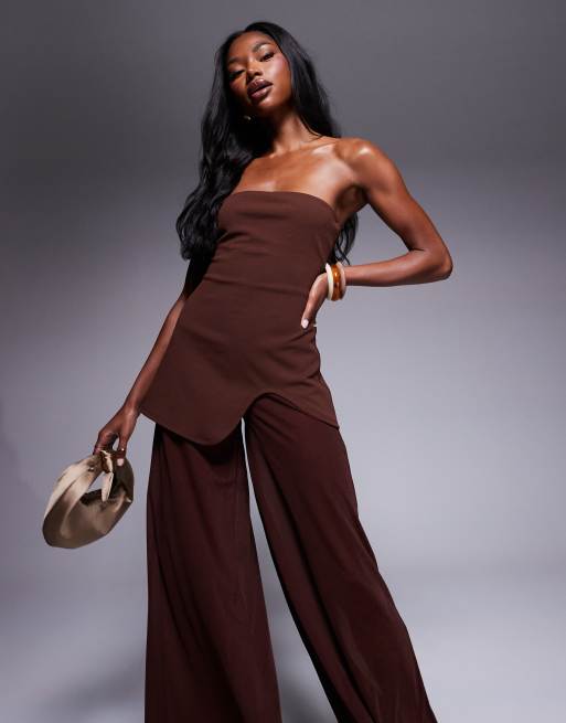 ASOS DESIGN - Combinaison à corsage bandeau en imitation néoprène avec pantalon ample transparent - Chocolat, 3 de 4