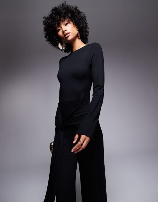 ASOS DESIGN - Combinaison à manches longues et ceinture à la taille avec dos nu - Noir, 3 de 4
