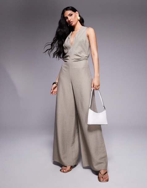 ASOS DESIGN - Combinaison à taille froncée et col en V - Rayures - view 1