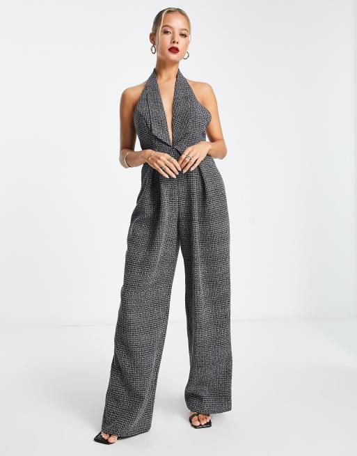 ASOS DESIGN - Combinaison ajustée à carreaux avec dos nu et décolleté plongeant - Gris