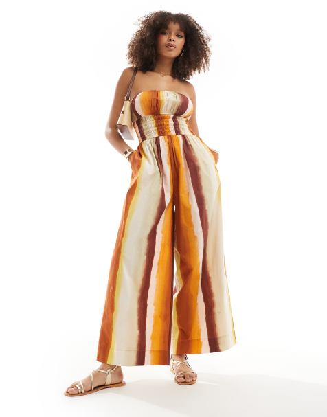 ASOS DESIGN - Combinaison ample à corsage froncé - Chocolat rayé - view 1
