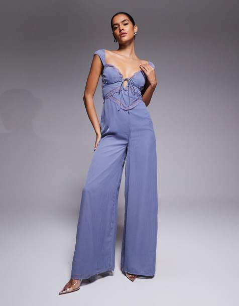 ASOS DESIGN - Combinaison ample à pois avec détail corset et empiècement dentelle - Bleu poudré - view 1