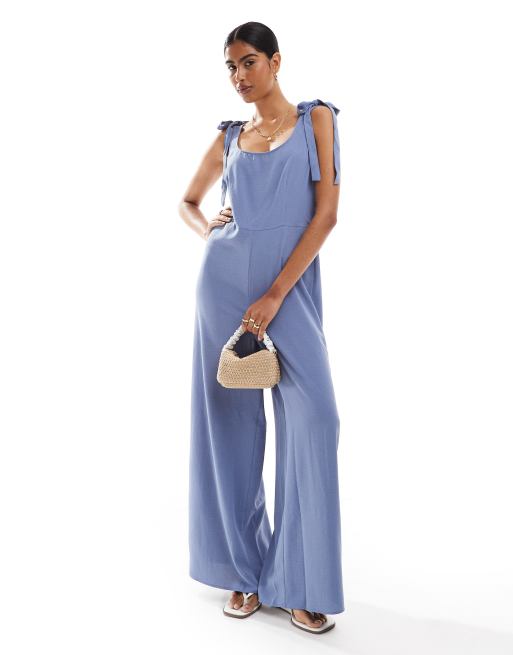 ASOS DESIGN - Combinaison ample en cupro avec encolure dégagée et détails noués - Bleu glacé