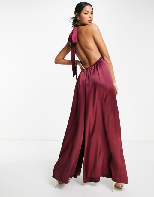 ASOS DESIGN - Combinaison ample en satin à dos nu et liens derrière la nuque - Bordeaux , 2 de 4