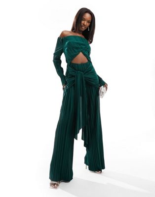 ASOS DESIGN plisse bardot twist front wide leg jumpsuit in bottle green - ASOS Price Checker