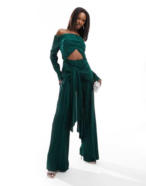 ASOS DESIGN - Combinaison ample plissée style Bardot torsadée devant - Vert bouteille