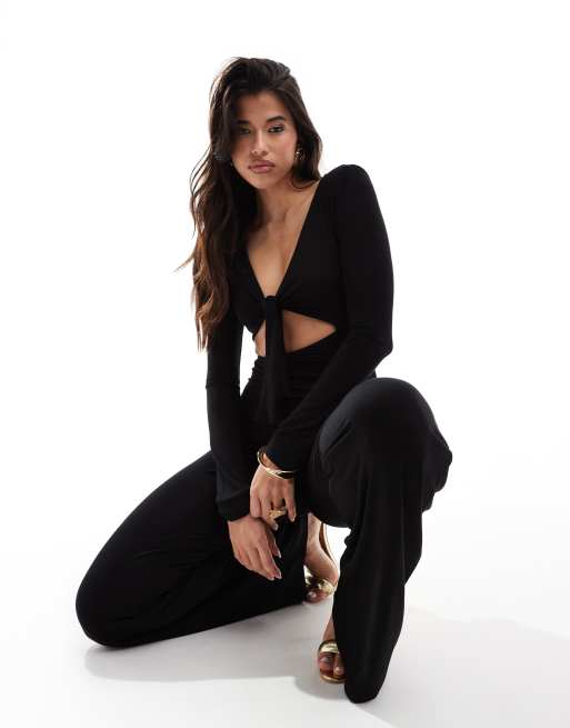 ASOS DESIGN - Combinaison asymétrique à manches longues et découpes avec liens dans le dos - Noir, 4 de 4