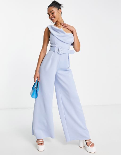 ASOS DESIGN - Combinaison asymétrique coupe large en néoprène avec ceinture - Bleu pastel, 3 de 4