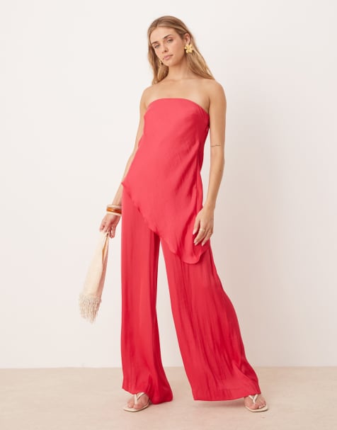 ASOS DESIGN - Combinaison bandeau en satin à superposition asymétrique - Rose framboise - view 1