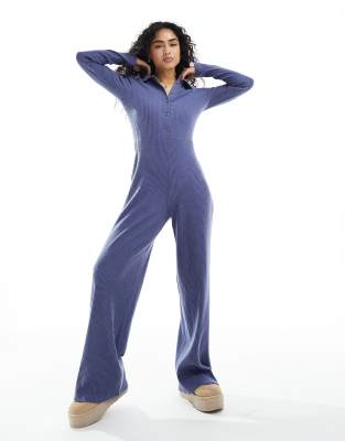 ASOS DESIGN - Combinaison boutonnée en tissu côtelé ultra doux - Bleu 