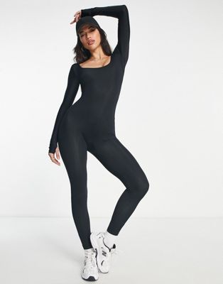 ASOS DESIGN glossy unitard jumpsuit with thumb holes in black - ASOS Price Checker