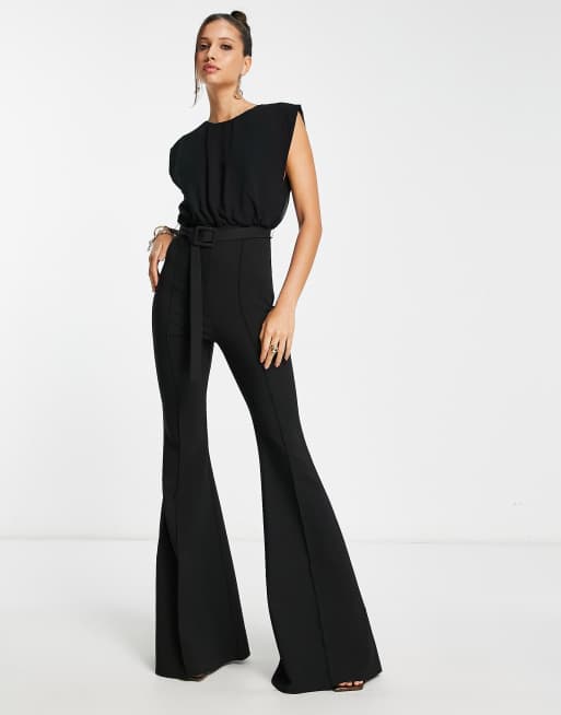 ASOS DESIGN - Combinaison ceinturée évasée avec partie supérieure en mousseline - Noir