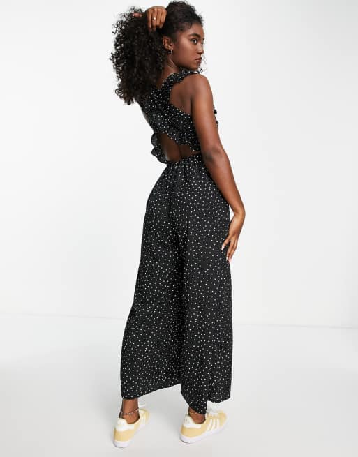 ASOS DESIGN - Combinaison chasuble à volants, à pois et à bretelles croisée dans le dos - Noir et blanc, 4 de 4
