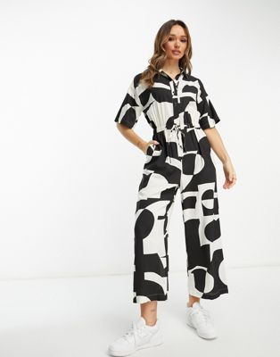 ASOS DESIGN oversized tie waist shirt jumpsuit in abstract print - ASOS Price Checker