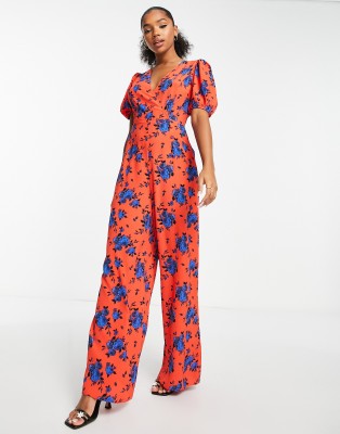 ASOS DESIGN bubble crepe v neck puff sleeve jumpsuit in floral print - ASOS Price Checker