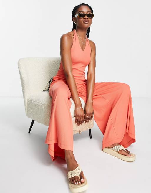 ASOS DESIGN - Combinaison dos nu côtelée coupe large - Rouille