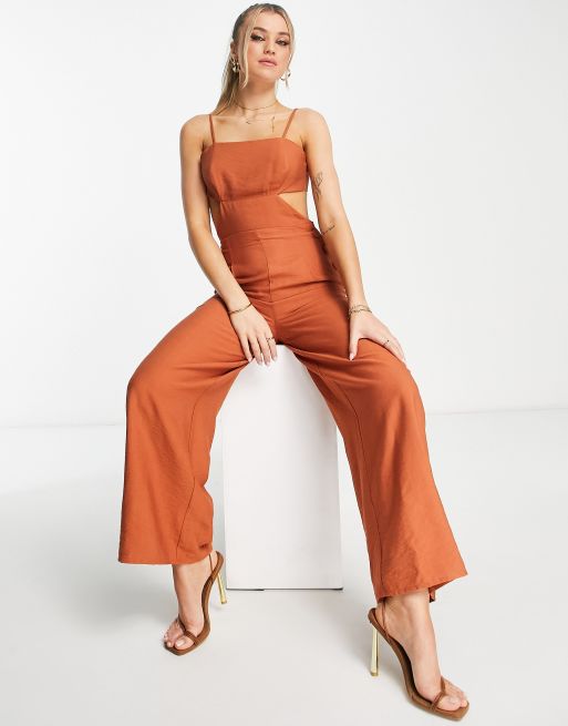 ASOS DESIGN - Combinaison en aspect lin avec boutons sur le côté et liens noués au dos - Terracotta, 3 de 4