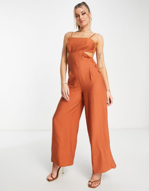 ASOS DESIGN - Combinaison en aspect lin avec boutons sur le côté et liens noués au dos - Terracotta, 4 de 4