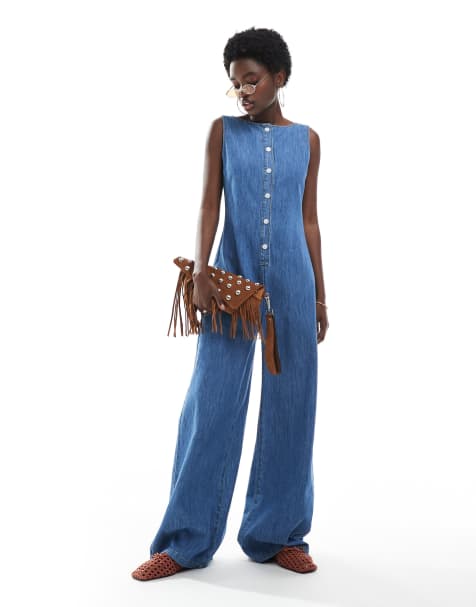 ASOS DESIGN - Combinaison en jean à encolure bateau - Bleu moyen - view 1