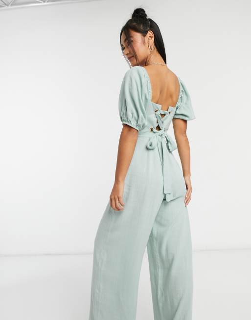 ASOS DESIGN - Combinaison en lin à encolure carrée et liens noués au dos - Vert sauge, 2 de 4