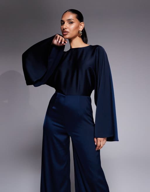 ASOS DESIGN - Combinaison en satin avec taille cintrée et manches chauve-souris - Bleu marine, 4 de 4