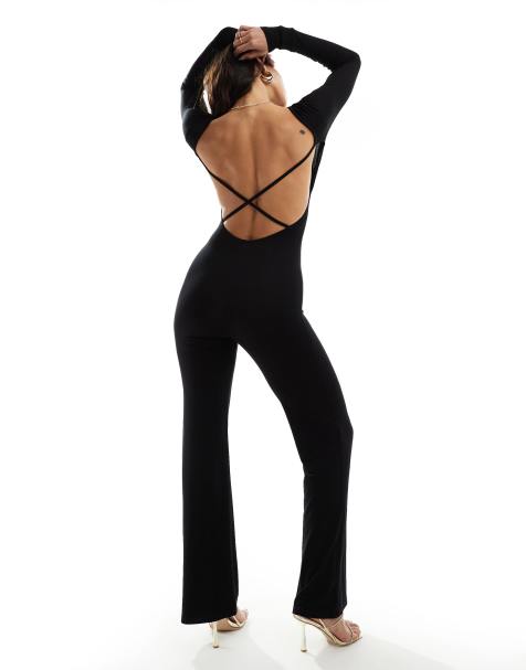 ASOS DESIGN - Combinaison évasée à manches longues avec dos ouvert et lanières - Noir - view 1