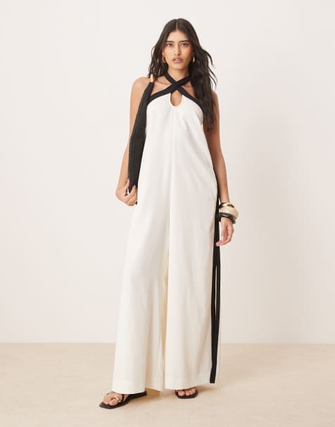 ASOS DESIGN - Combinaison fendue avec encolure américaine croisée contrastante - Crème - view 1