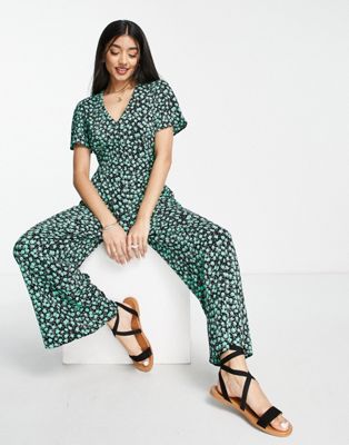 ASOS DESIGN bubble short sleeve tea culotte jumpsuit in black and green floral - ASOS Price Checker