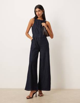 ASOS DESIGN - Combinaison large boutonnée en denim - Délavé-Bleu