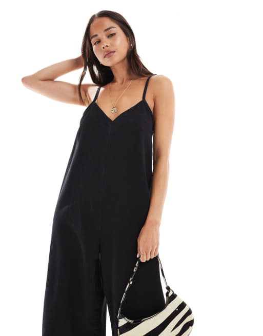 ASOS DESIGN - Combinaison large en denim doux à encolure dégagée - Noir délavé, 2 de 4