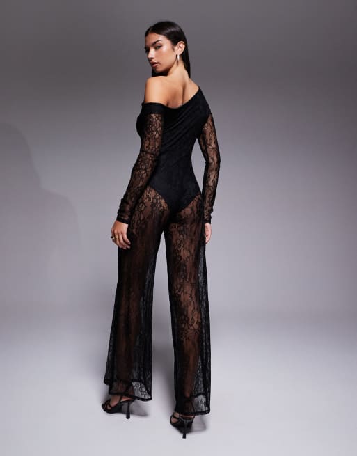 ASOS DESIGN - Combinaison large en dentelle avec doublure body et dos nu - Noir, 3 de 4