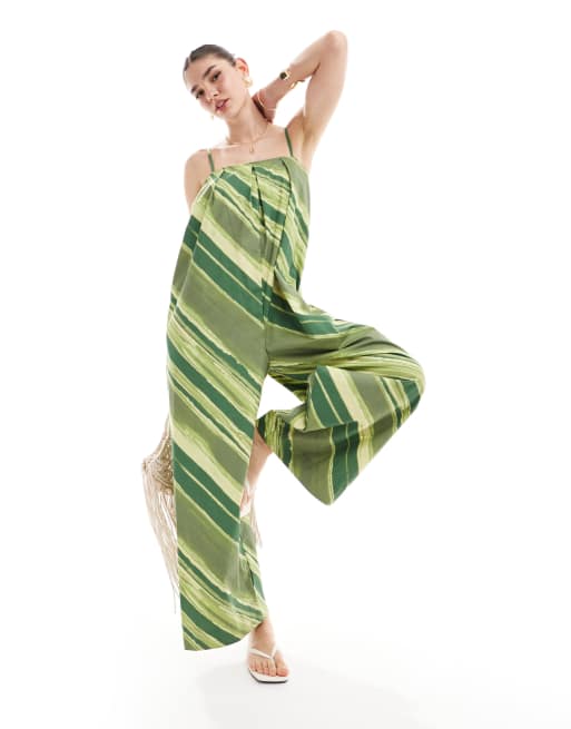 ASOS Design - Combinaison large plissée à rayures avec encolure carrée - Vert