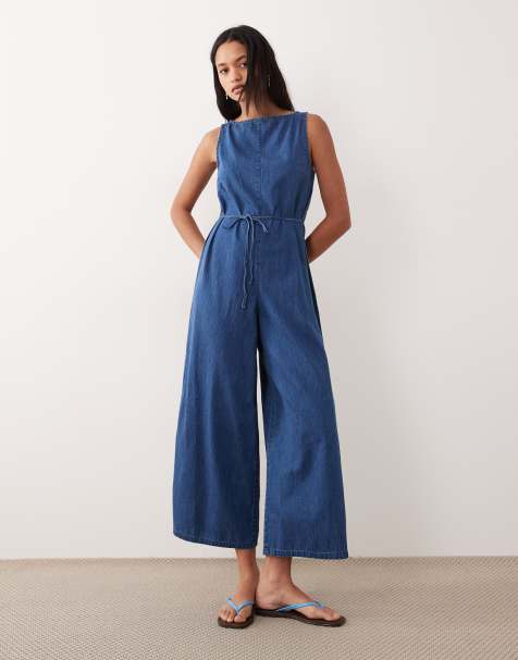 ASOS DESIGN - Combinaison longueur cheville en denim - Bleu moyen épuré - view 1