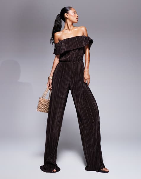 ASOS DESIGN - Combinaison plissée ample à encolure bardot - Chocolat - view 1